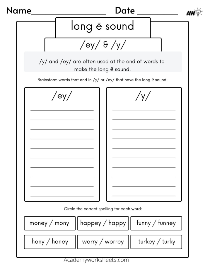Second grade long e sound worksheet with fill-in-the-blank sentences and word choices