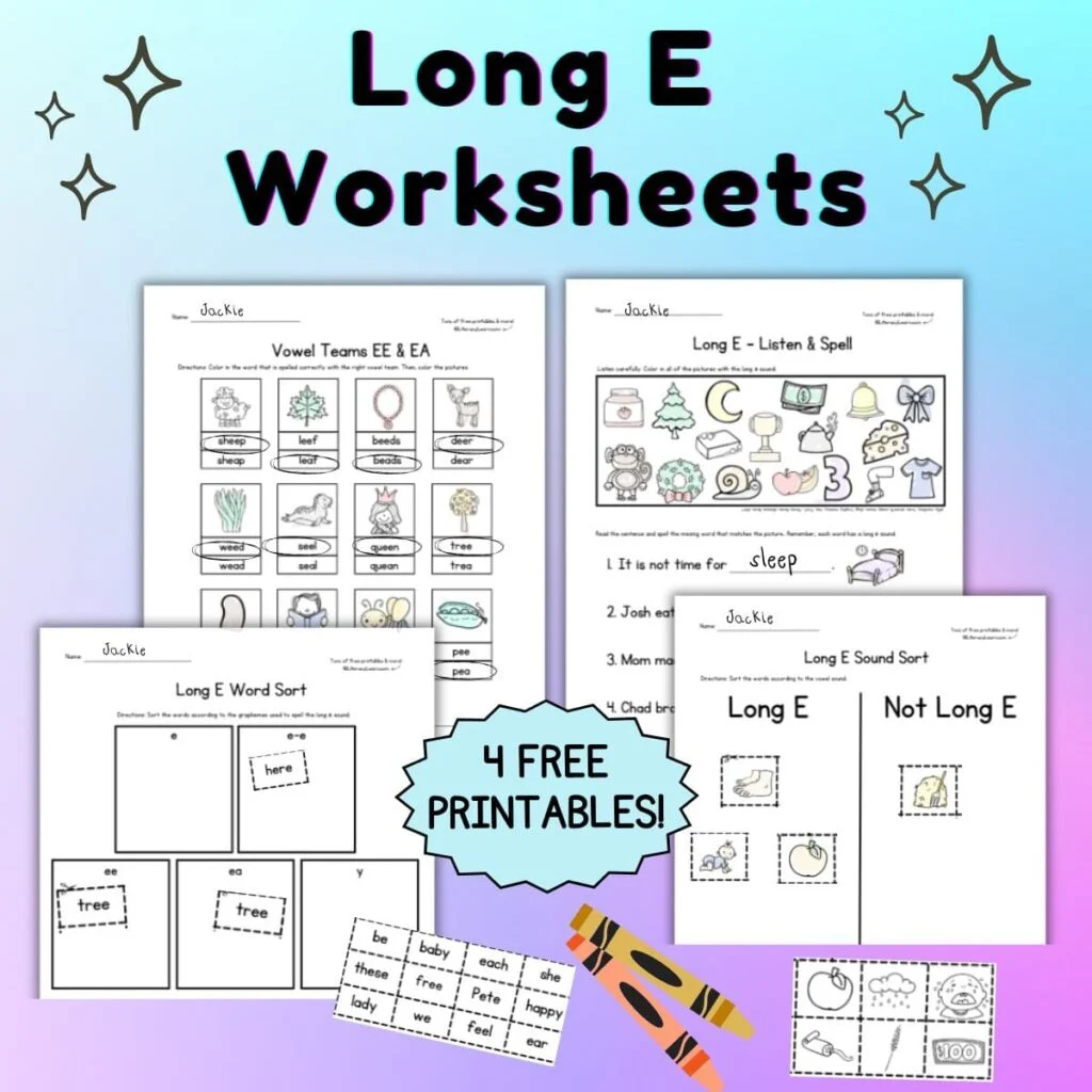 Second grade long e sound worksheet with fill-in-the-blank sentences and word box for practice