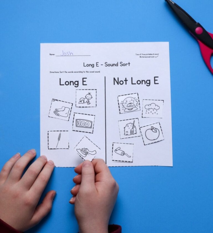 Second grade worksheet with sentences featuring missing words that use the long e sound