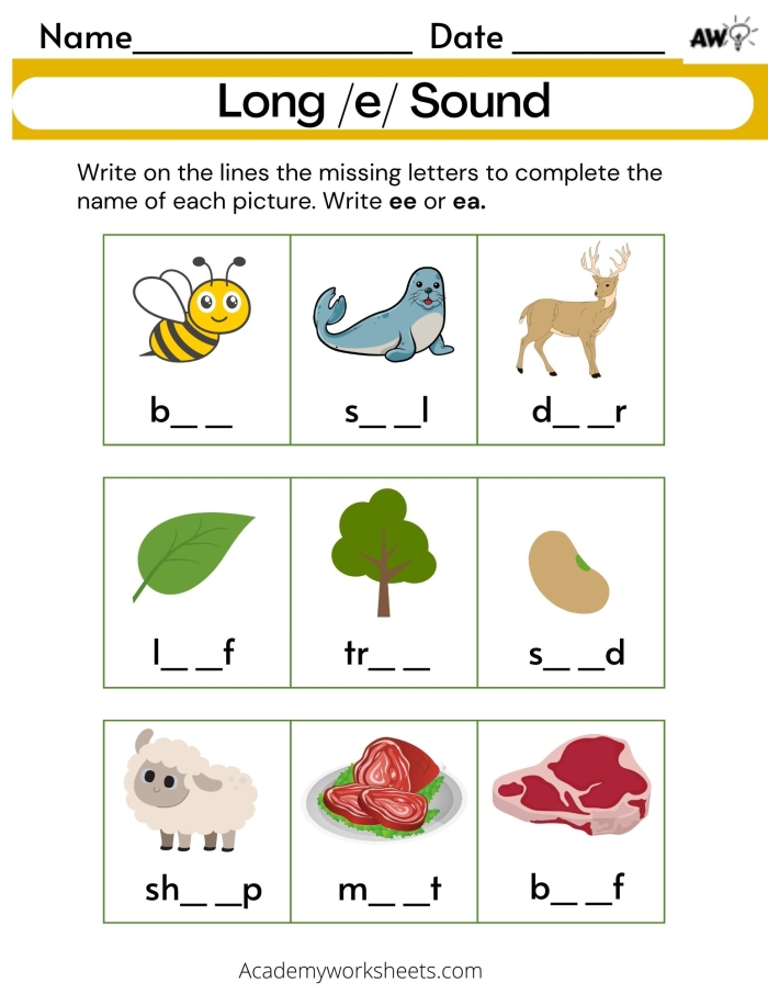 Second grade worksheet featuring fill in the blank sentences with words containing the long e sound