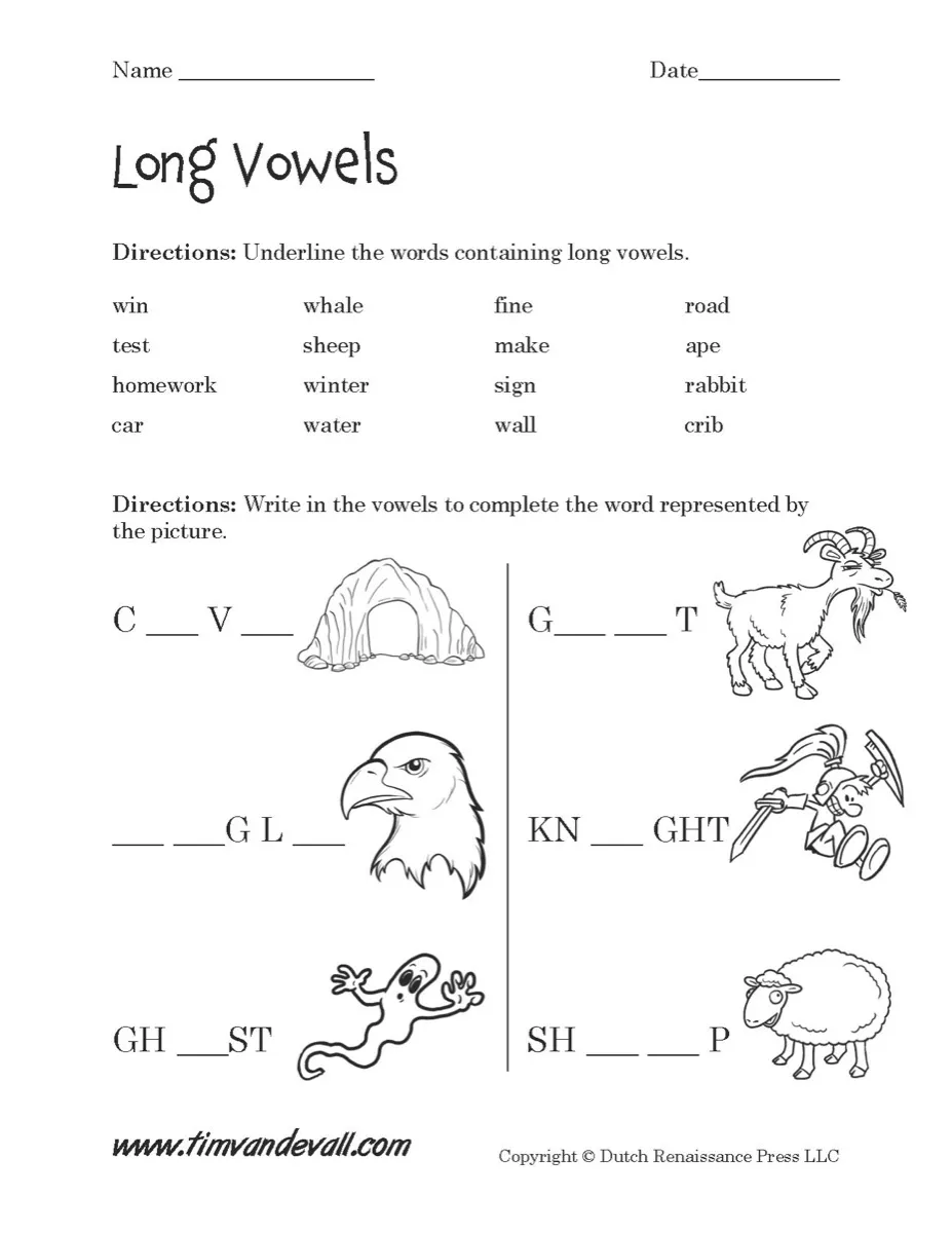 First grade student coloring worksheet for identifying words with long e vowel sounds