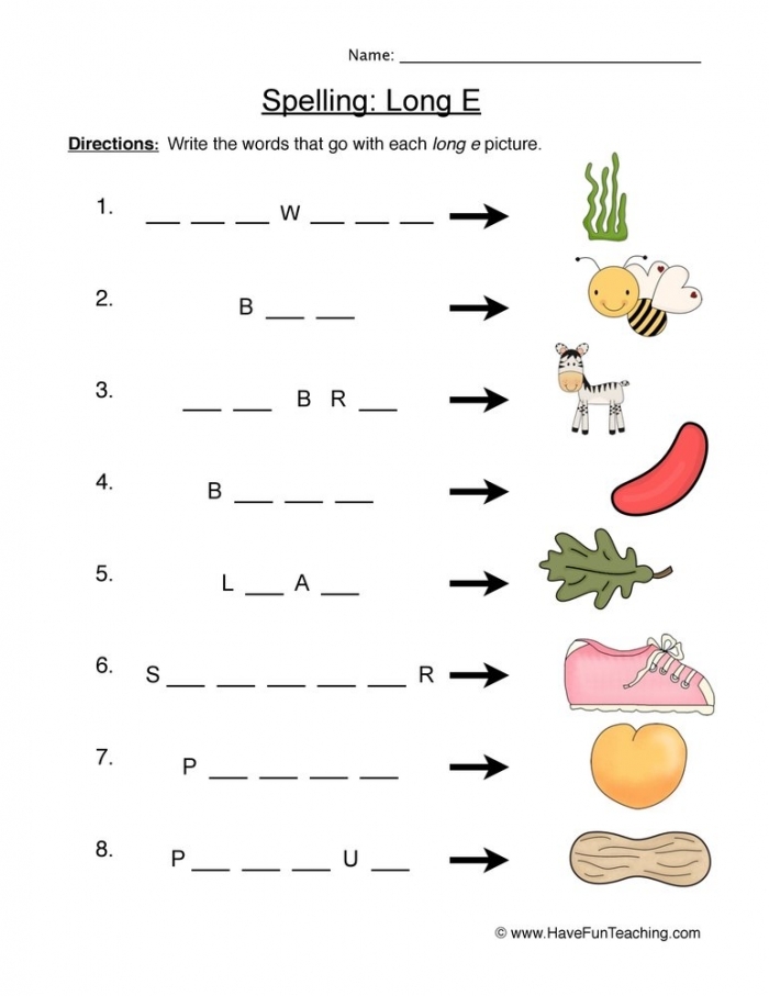 First grader coloring worksheet focused on identifying words with the long e vowel sound