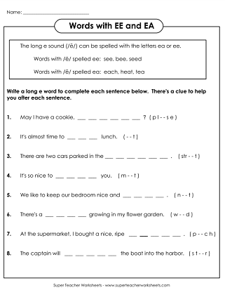 Fourth grade students sorting words with long E vowel teams ee and ea sounds on a worksheet activity