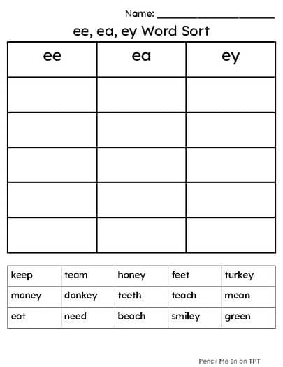 Students sorting words with ea and ee vowel teams representing long E sound on worksheet 11