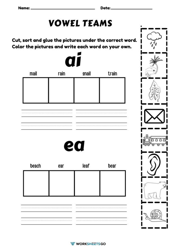 Fourth grade student worksheet for sorting long E vowel teams ee and ea