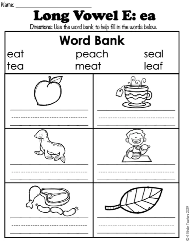 Fourth grade worksheet featuring a Long E vowel team search and sort activity for ee and ea words