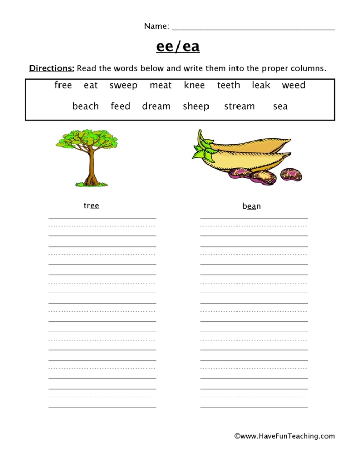 Fourth grade students completing a phonics worksheet to categorize long E vowel teams spelled with ee and ea