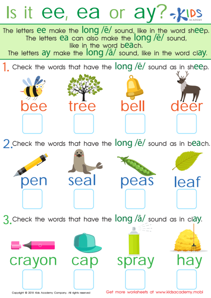 Fourth grade vowel teams worksheet showing long E sound practice with ea and ee letter combinations for phonics instruction