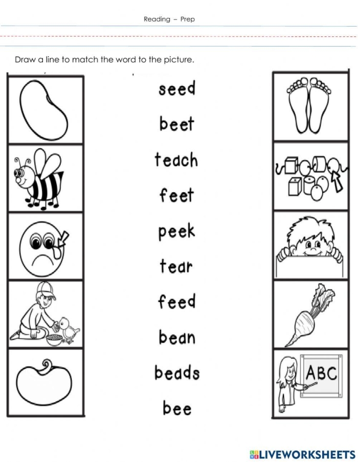 Fourth grade worksheet showing long E vowel teams with /ee/ and /ea/ words sorted into search and categorize activities
