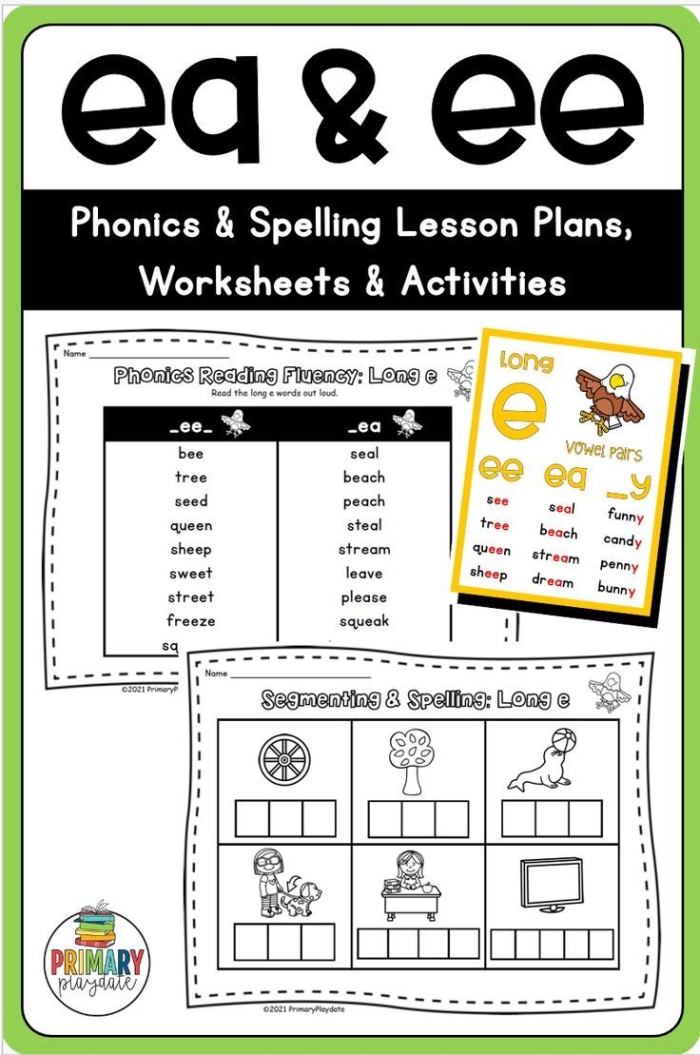 Fourth grade students sorting words with long E vowel teams ee and ea sounds on a worksheet activity