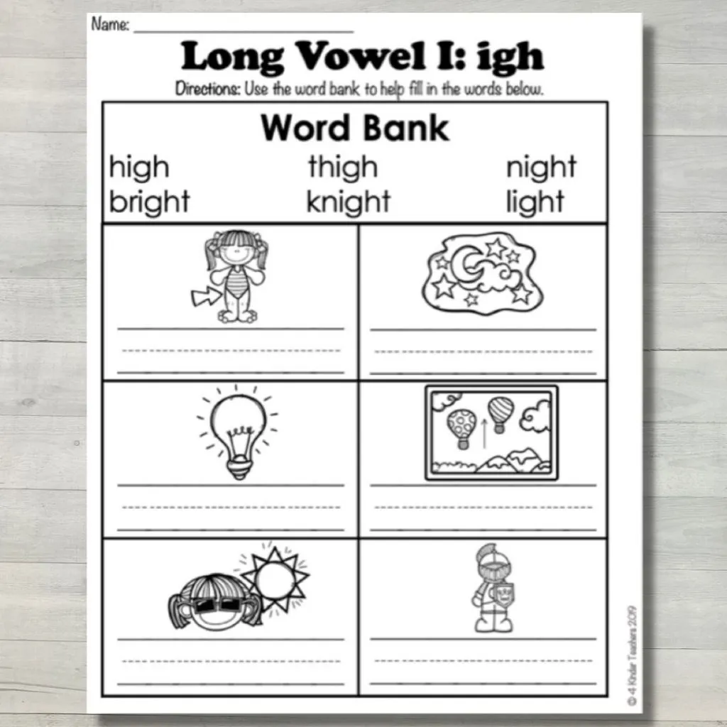 Long I Sound Practice Worksheet for First Grade Students Number 15 First grade student completing a Long I practice worksheet by filling in sentences with words from a bank