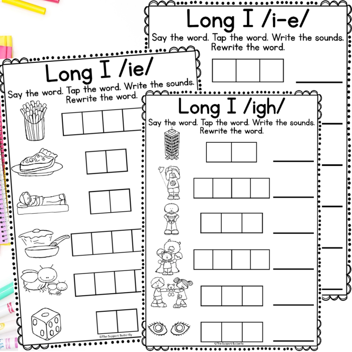Long vowel i sound activity sheet for primary students learning phonics First grade long i practice worksheet with word bank for completing sentences