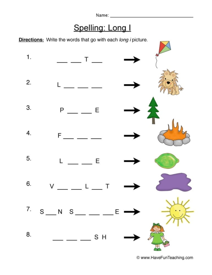 Long i phonics practice worksheet number 8 for first grade students First grade student completing a long i word practice worksheet with a word bank
