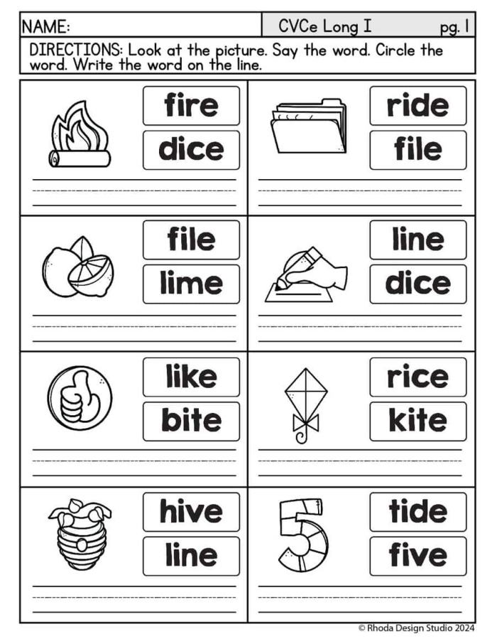 Long vowel i sound phonics activity for primary students image 4 First grade long i practice worksheet with word bank for completing sentences