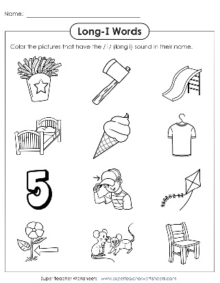 Long I sound phonics activity for elementary students learning to write and identify words First grade long i practice worksheet with word bank for completing sentences