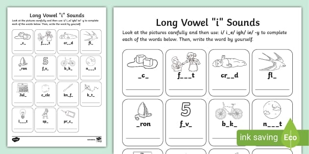 Interactive activity for practicing long "i" sound vocabulary in social studies skills Long "i" sound worksheet for second graders with fill-in-the-blank sentences