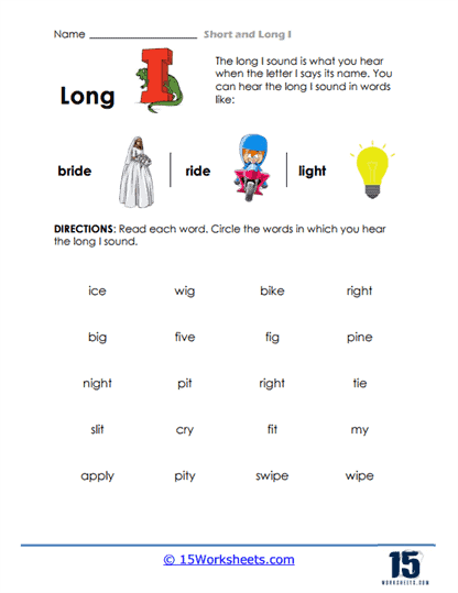 Second-grade long "i" sound worksheet with fill-in-the-blank sentences Worksheet featuring sentences with missing words that have the long "i" sound for second graders