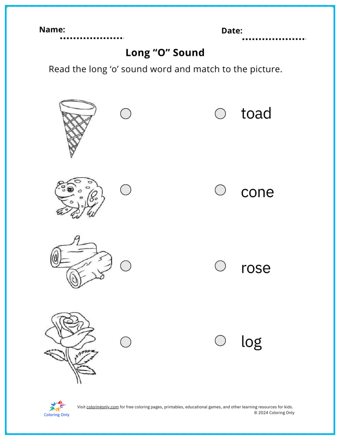 First grade worksheet for practicing the long o sound by filling in missing words for sentences