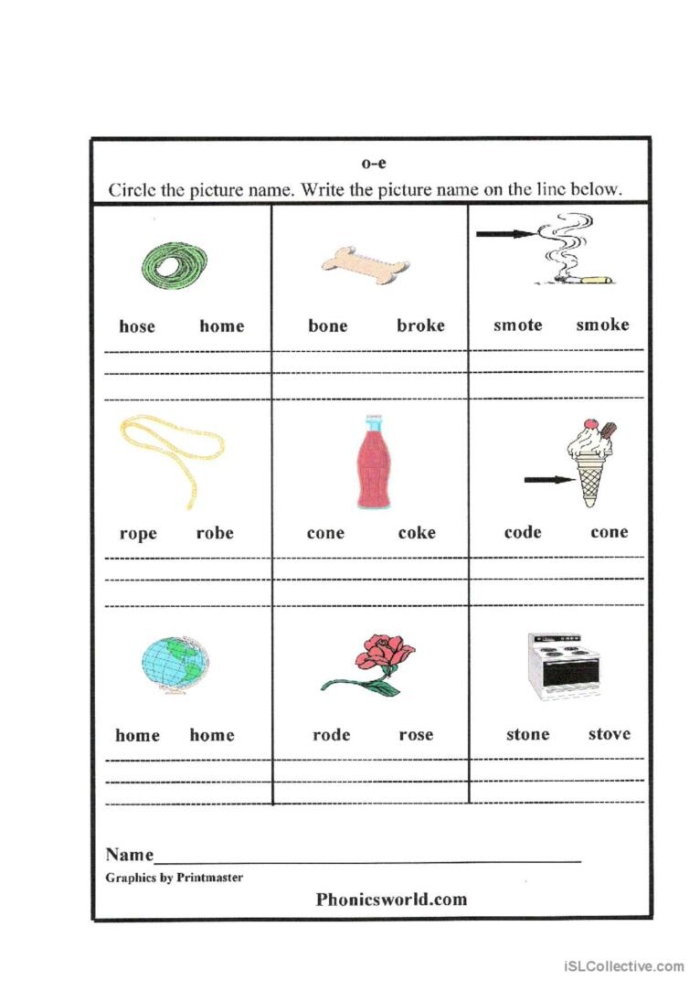 Long "O" phonics worksheet for first graders to practice reading
