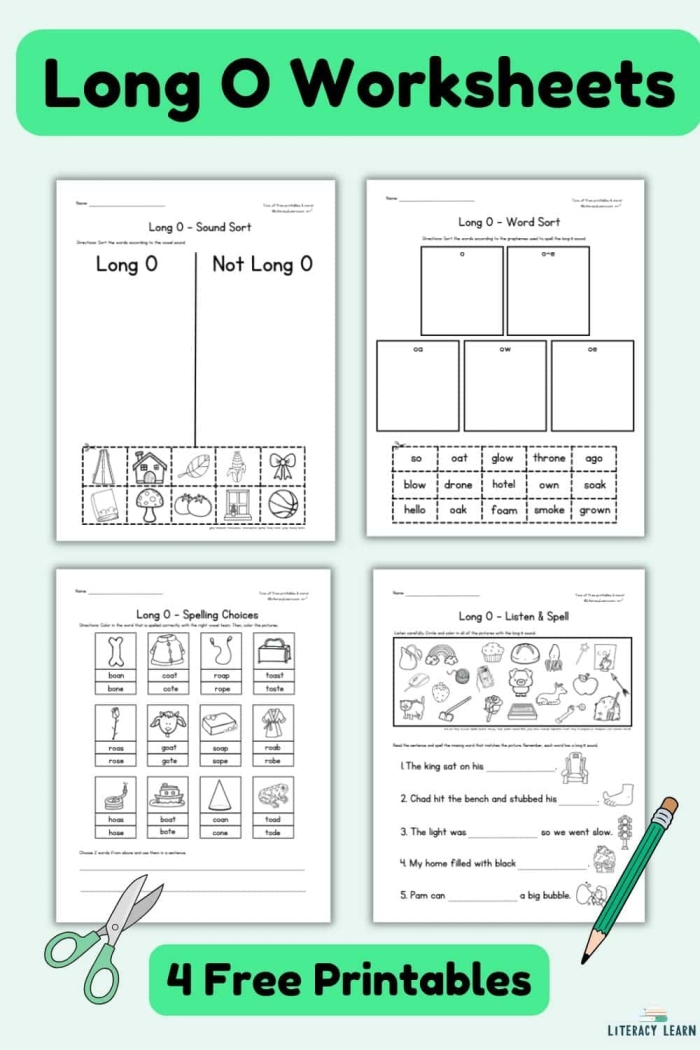 Long "O" phonics worksheet for first graders to practice reading long o words