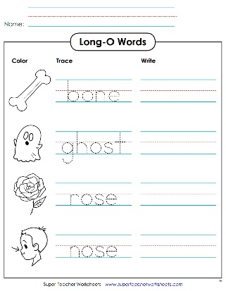 Long "O" phonics worksheet for first graders focusing on long o sound practice