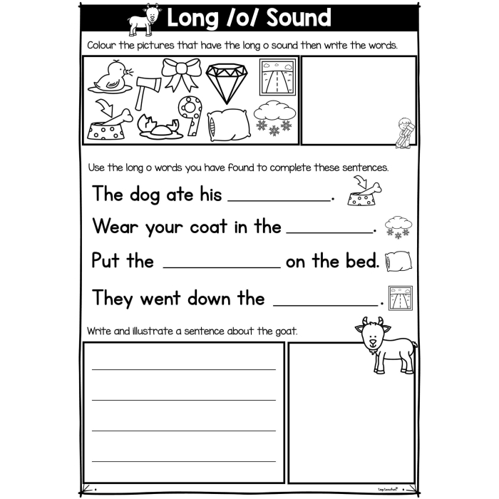 First grade worksheet for practicing long o sound words with sentence completion exercises