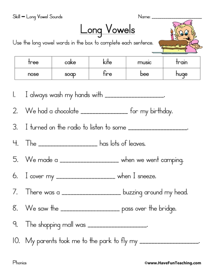 First grade worksheet for practicing long o sound words with sentence completion exercises