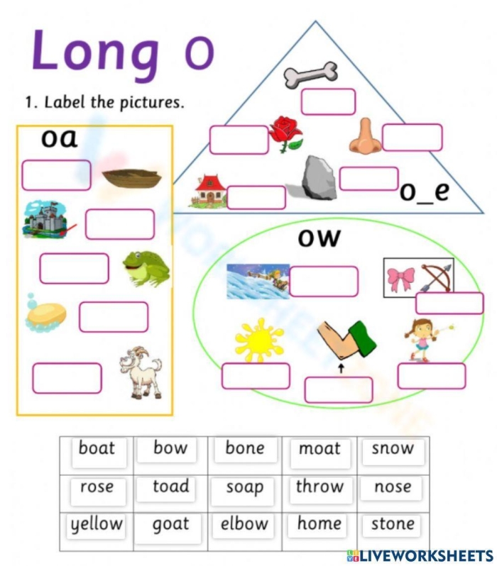 First grade long o sound worksheet with sentences and word box for spelling practice