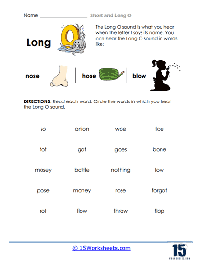 First grade long o sound worksheet with sentences and word box for spelling practice