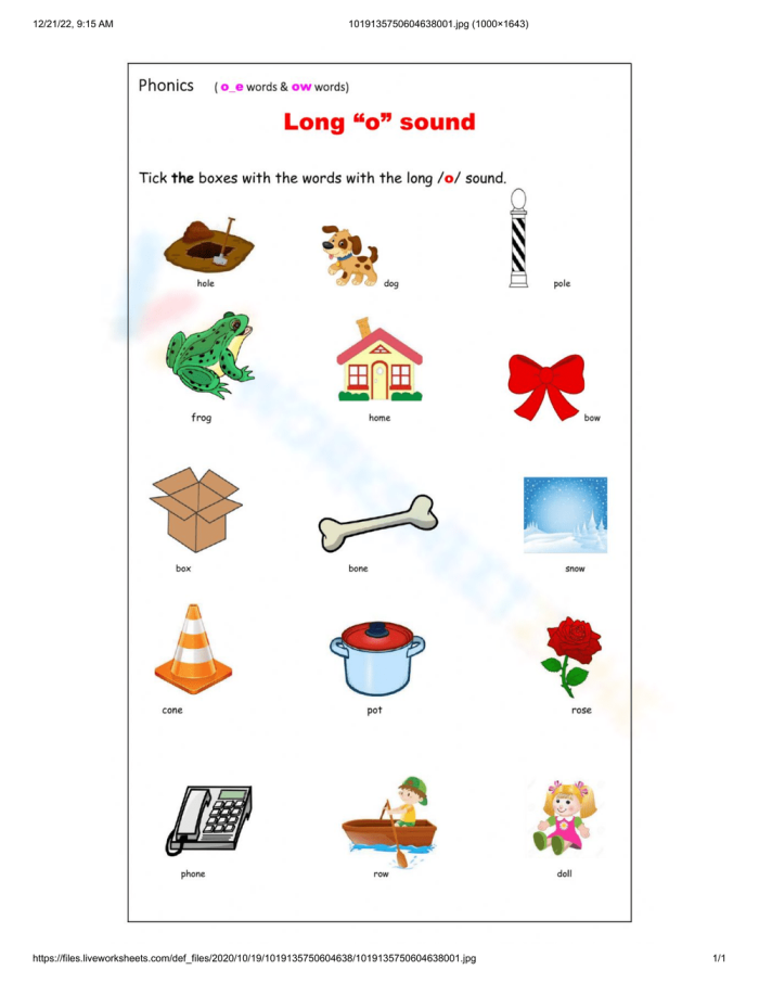 Worksheet for practicing the long "O" sound with first graders