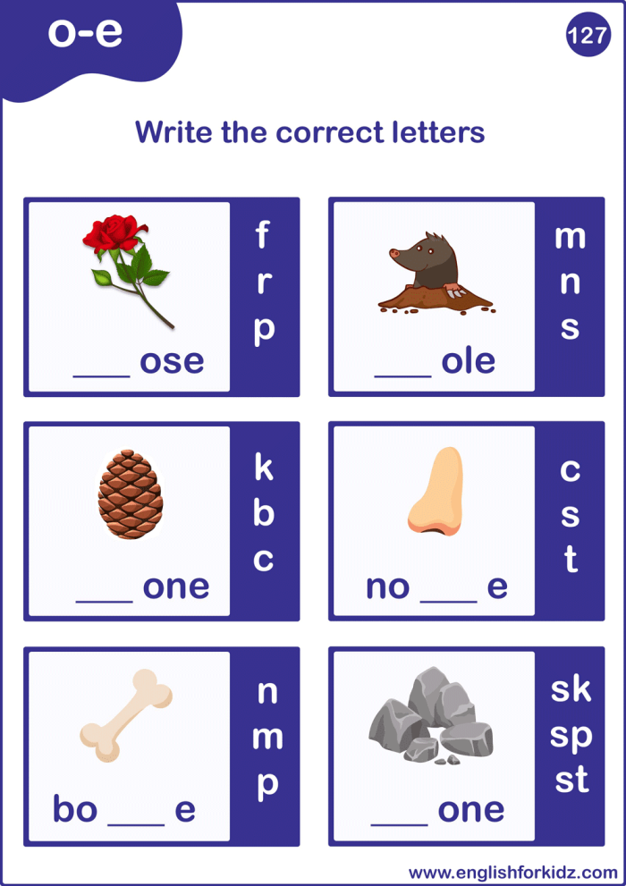 First grade worksheet for practicing long o vowel sounds by completing sentences from a word bank
