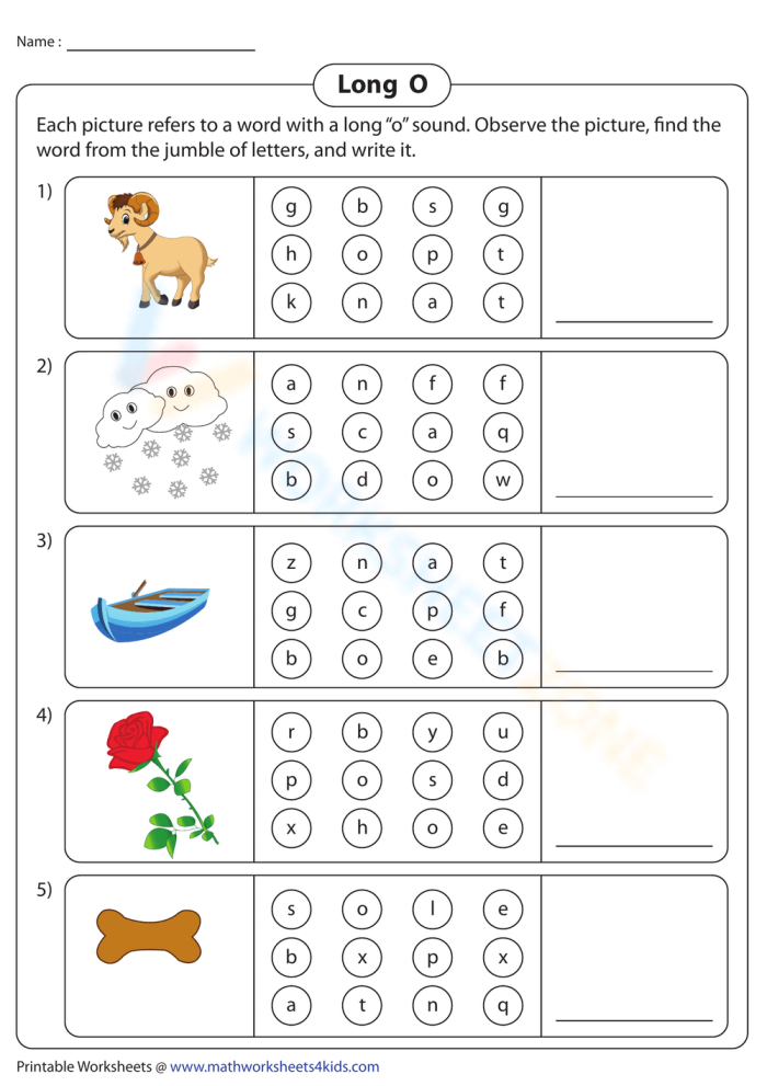 First grade long o sound worksheet with sentences and word box for spelling practice