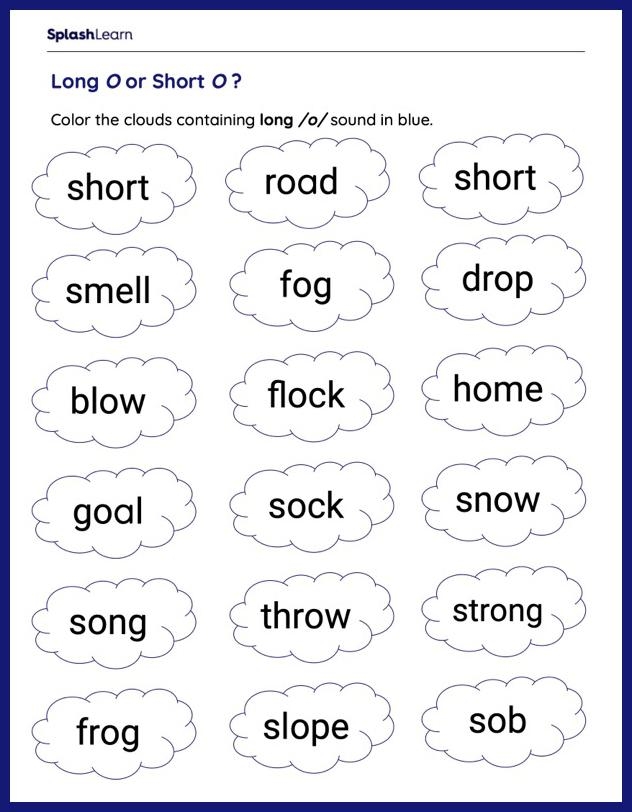 First grade worksheet featuring a word bank for practicing the long o vowel sound in sentences