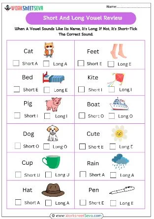 First grade phonics worksheet for practicing long and short vowel sounds