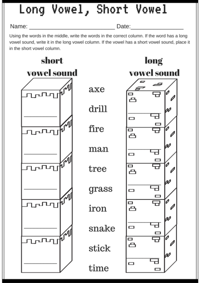 Long & Short Vowel Check-in Worksheet for Second Grade Worksheet for sorting long and short vowel sounds in words