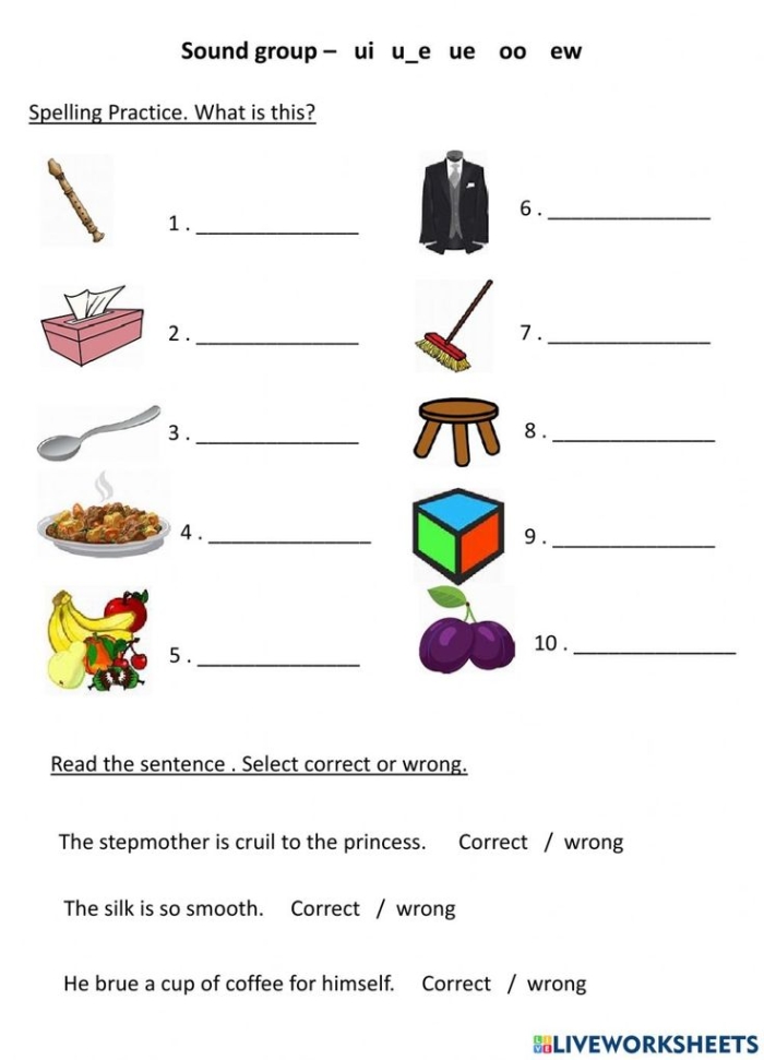 Fourth grade phonics worksheet for sorting words with long U vowel teams ui ew and ue