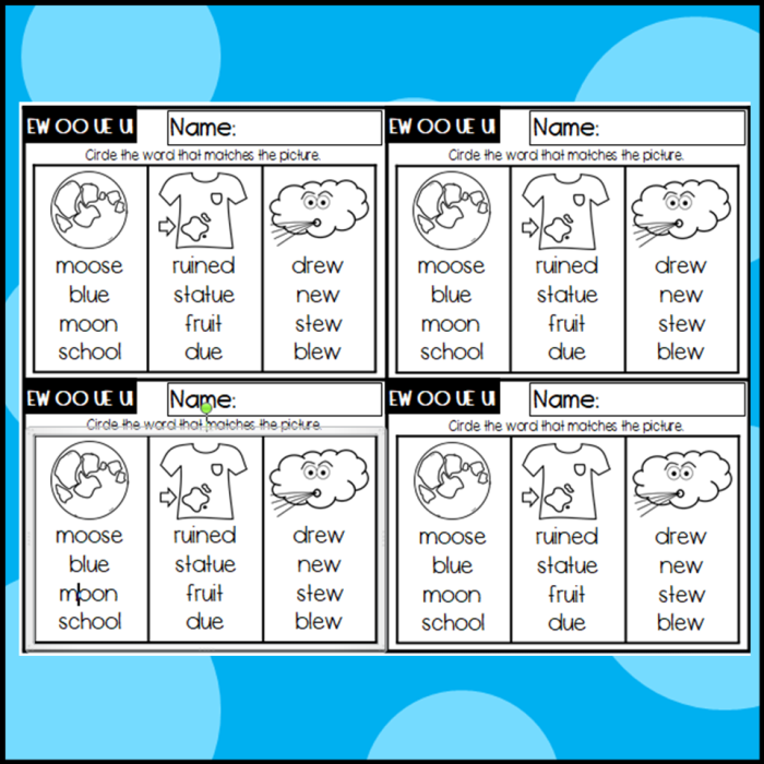 Fourth grade student worksheet for sorting long U words with ui ew and ue spelling patterns