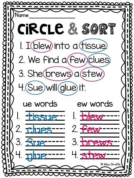 Fourth grade students sorting words with long U vowel teams ui ew and ue sounds on a civics worksheet