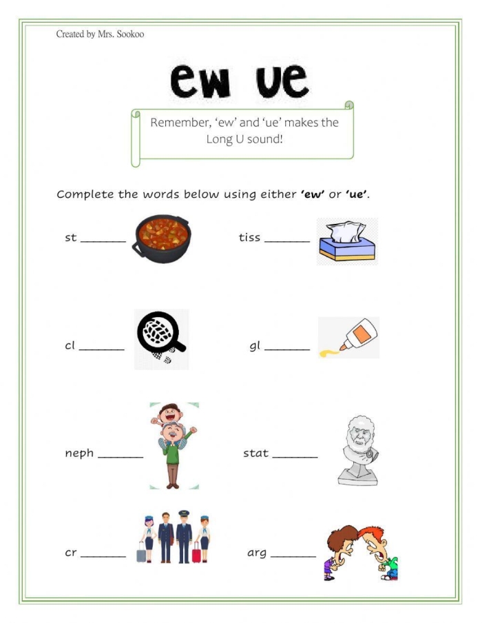 Fourth grade students completing a phonic sorting activity for long U vowel teams ui ew and ue