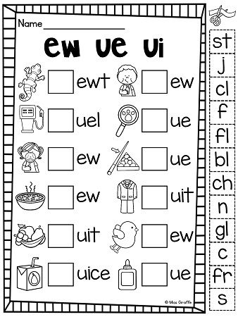 Fourth grade students sorting long U vowel team words with ui ew and ue letter combinations on a phonics worksheet