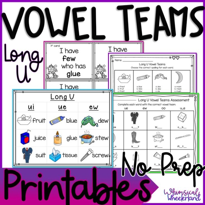 Fourth grade phonics worksheet showing long U vowel teams ui, ew, and ue with search and sort activities for civics lessons