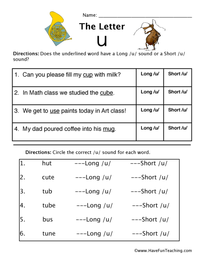 Worksheet featuring long "u" sound activities for second graders