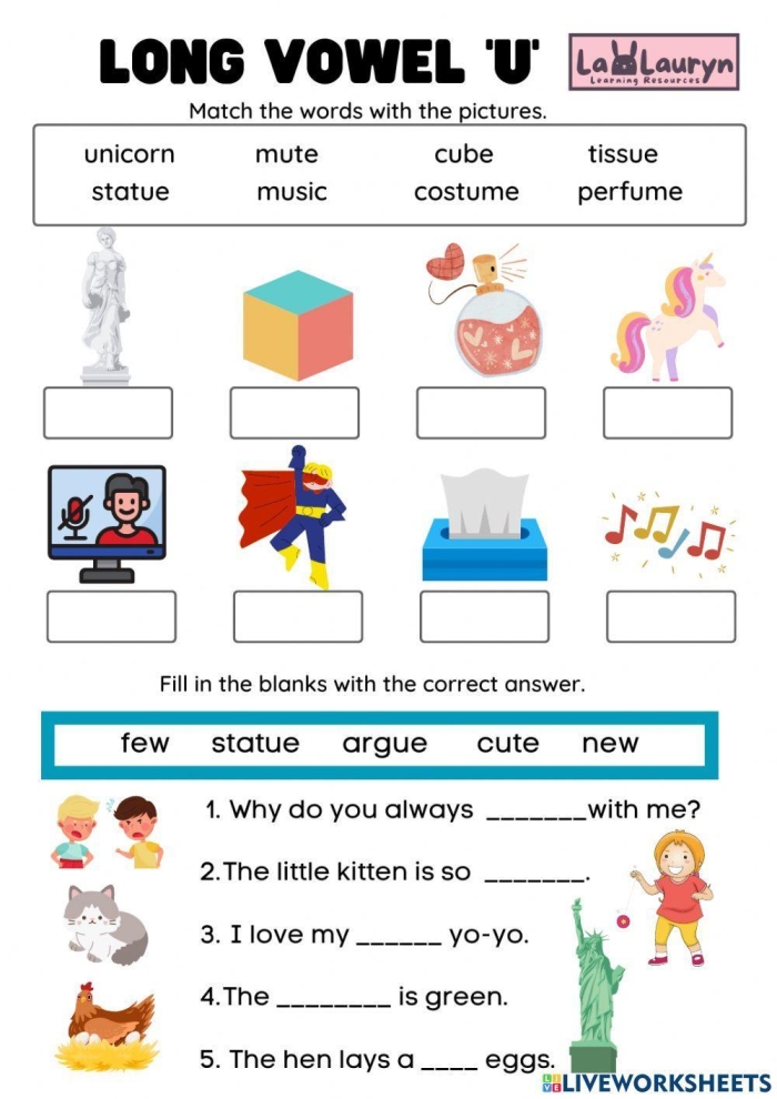 Long "u" sound worksheet for second graders focusing on vowel patterns