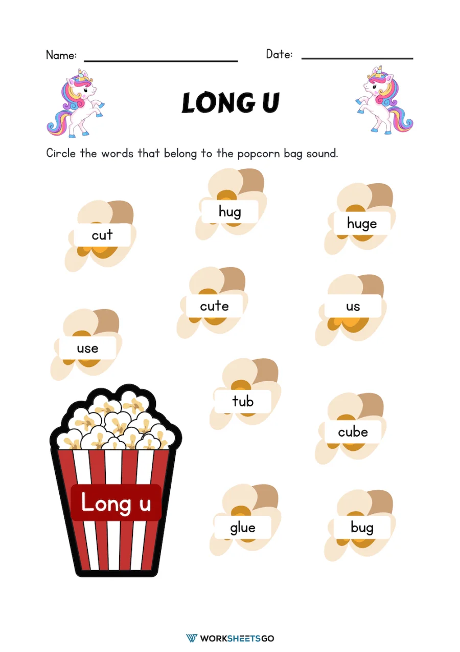 Long "u" sound worksheet for second graders focusing on vowel patterns