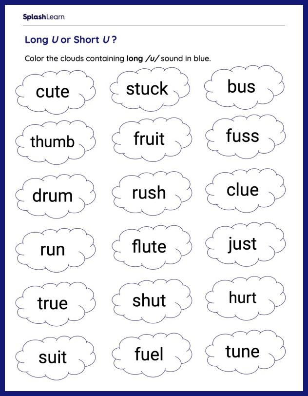 Long "u" Sound worksheet for second graders focusing on vowel recognition and spelling