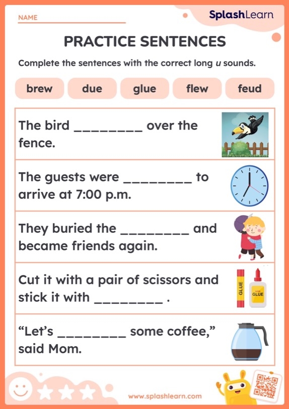 Long "u" Sound worksheet for second graders focusing on vowel recognition and spelling