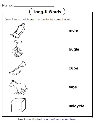 Long "u" sound worksheet for second graders focusing on vowel recognition and spelling