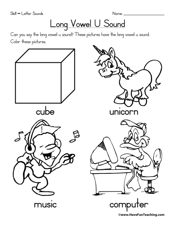 Long "u" Sound worksheet for second graders focusing on vowel recognition and spelling