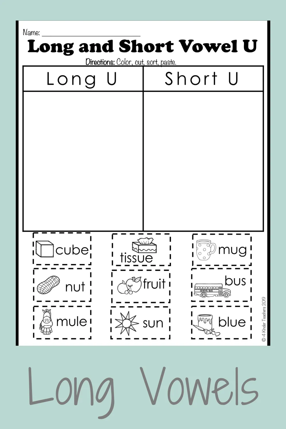 Long "u" sound worksheet for second graders focusing on vowel recognition and spelling practice