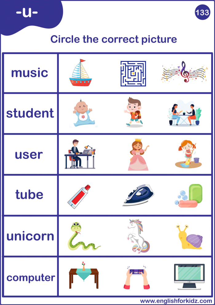 Long "u" sound worksheet for second graders focusing on vowel recognition and spelling